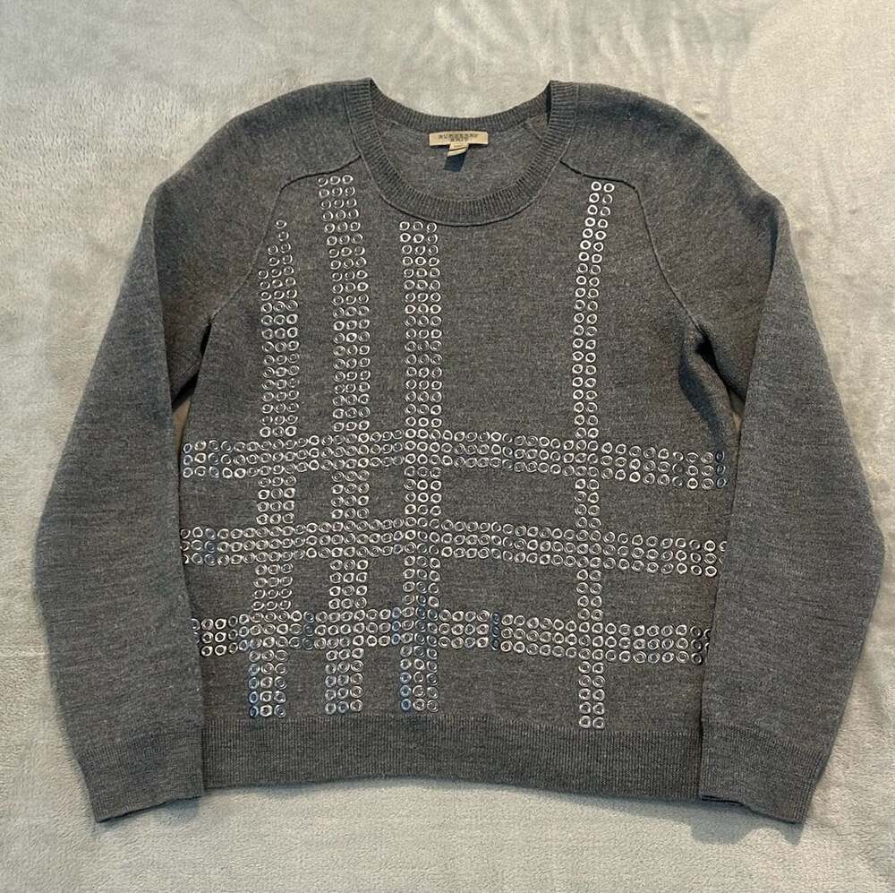Burberry Brit Check Pattern Sweater Size M Grey Wool Cotton Knit